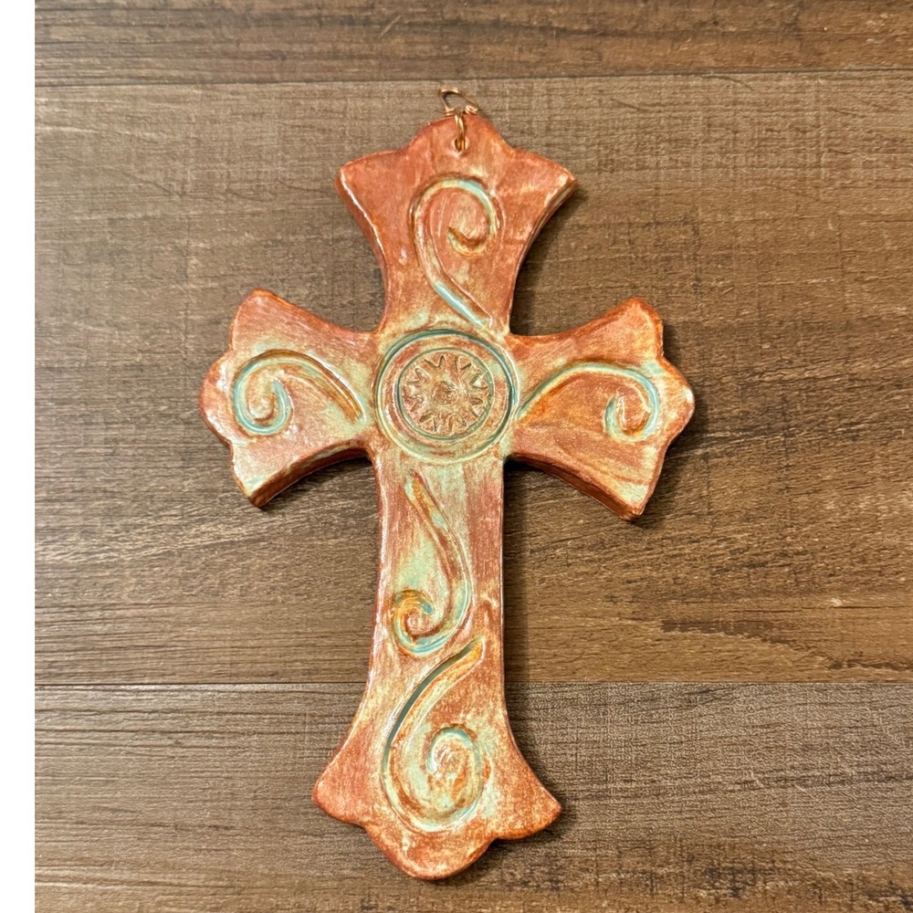 Handmade Ceramic Wall Cross Terracotta Turquoise Verdigris Scroll Religious Art